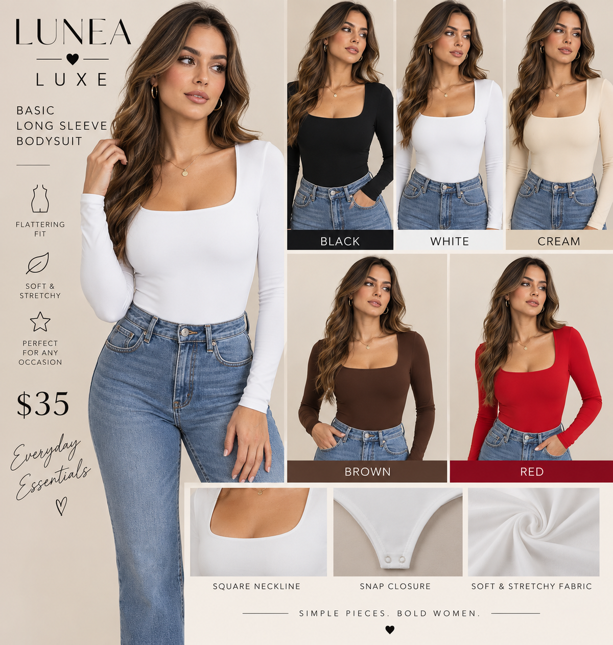 LUNEA LUXE basic long sleeve square neck bodysuit in black, white, cream, brown, and red
