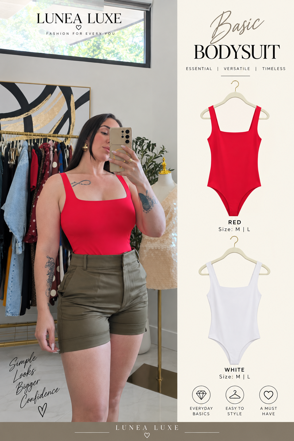 LUNEA LUXE basic square neck bodysuit in red and white
