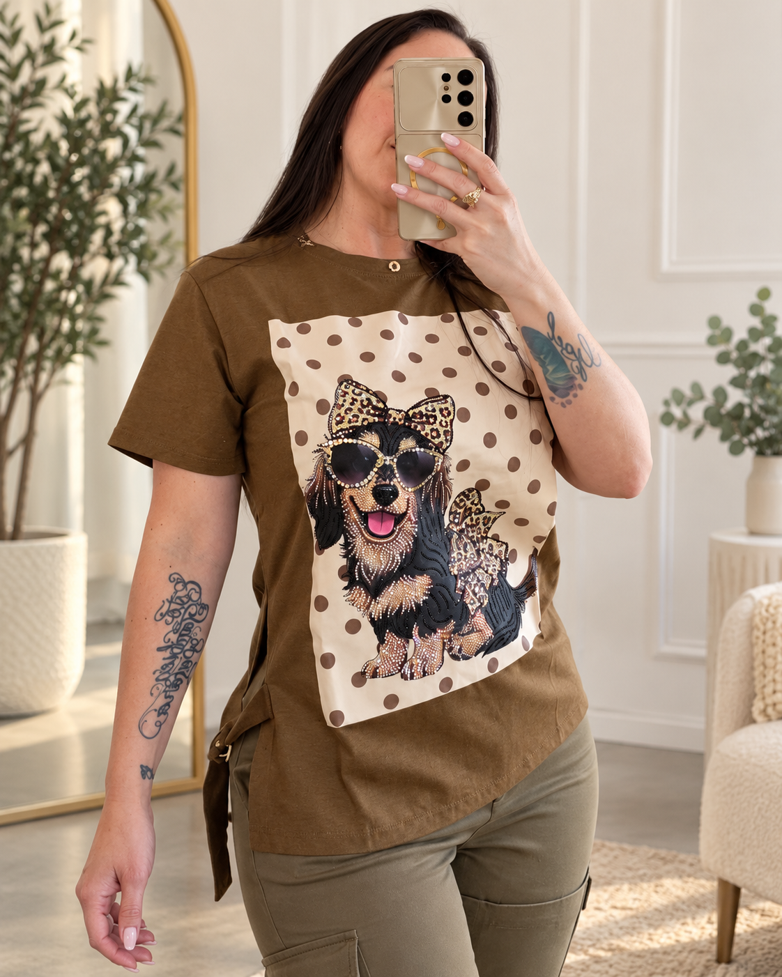 LUNEA LUXE brown embellished dog graphic tee