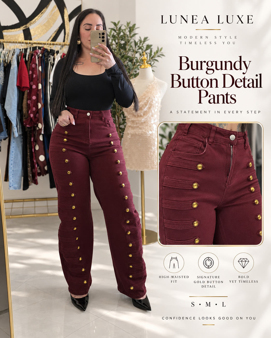 LUNEA LUXE burgundy high-waisted pants with gold button details