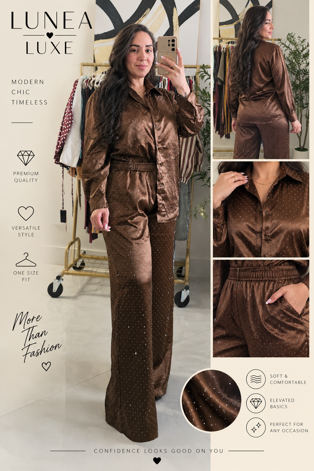 LUNEA LUXE chocolate satin polka dot two-piece set