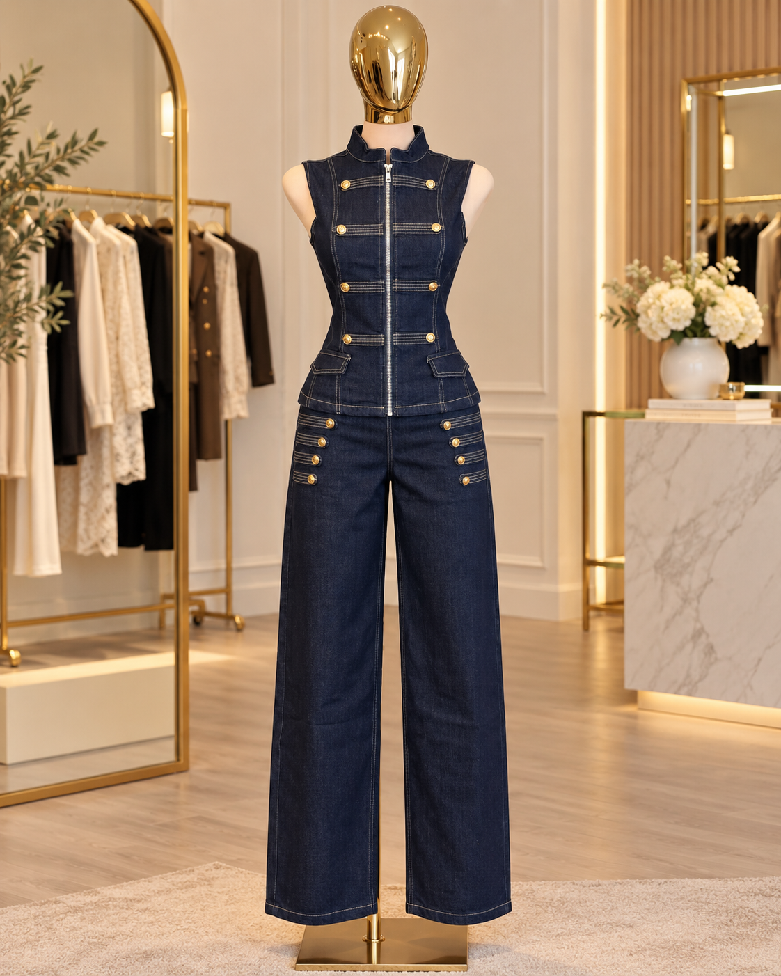 LUNEA LUXE dark denim two-piece set with gold buttons and zip-front vest
