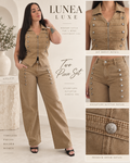 LUNEA LUXE khaki denim two-piece set with metallic button details