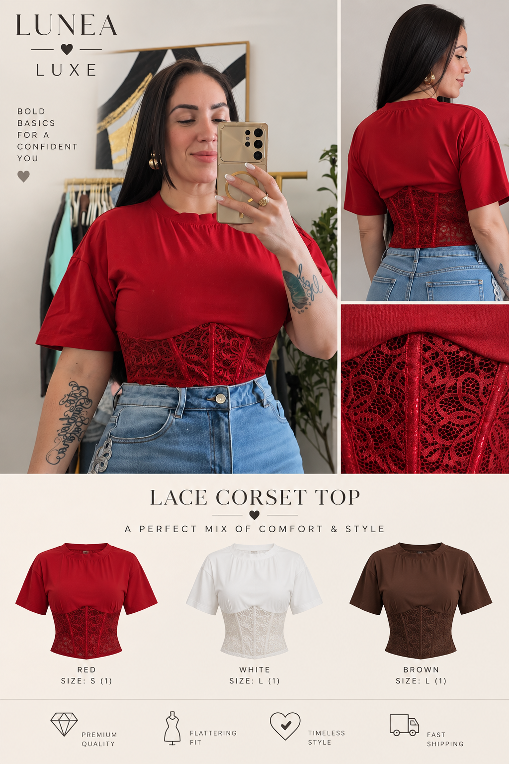 LUNEA LUXE lace corset detail top in red, white, and brown