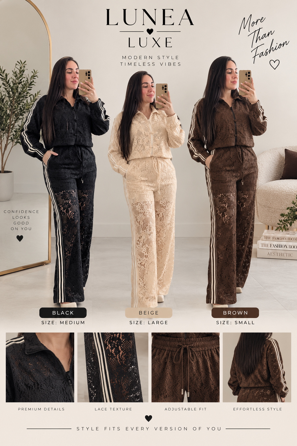 LUNEA LUXE lace stripe two-piece set in black, beige, and brown