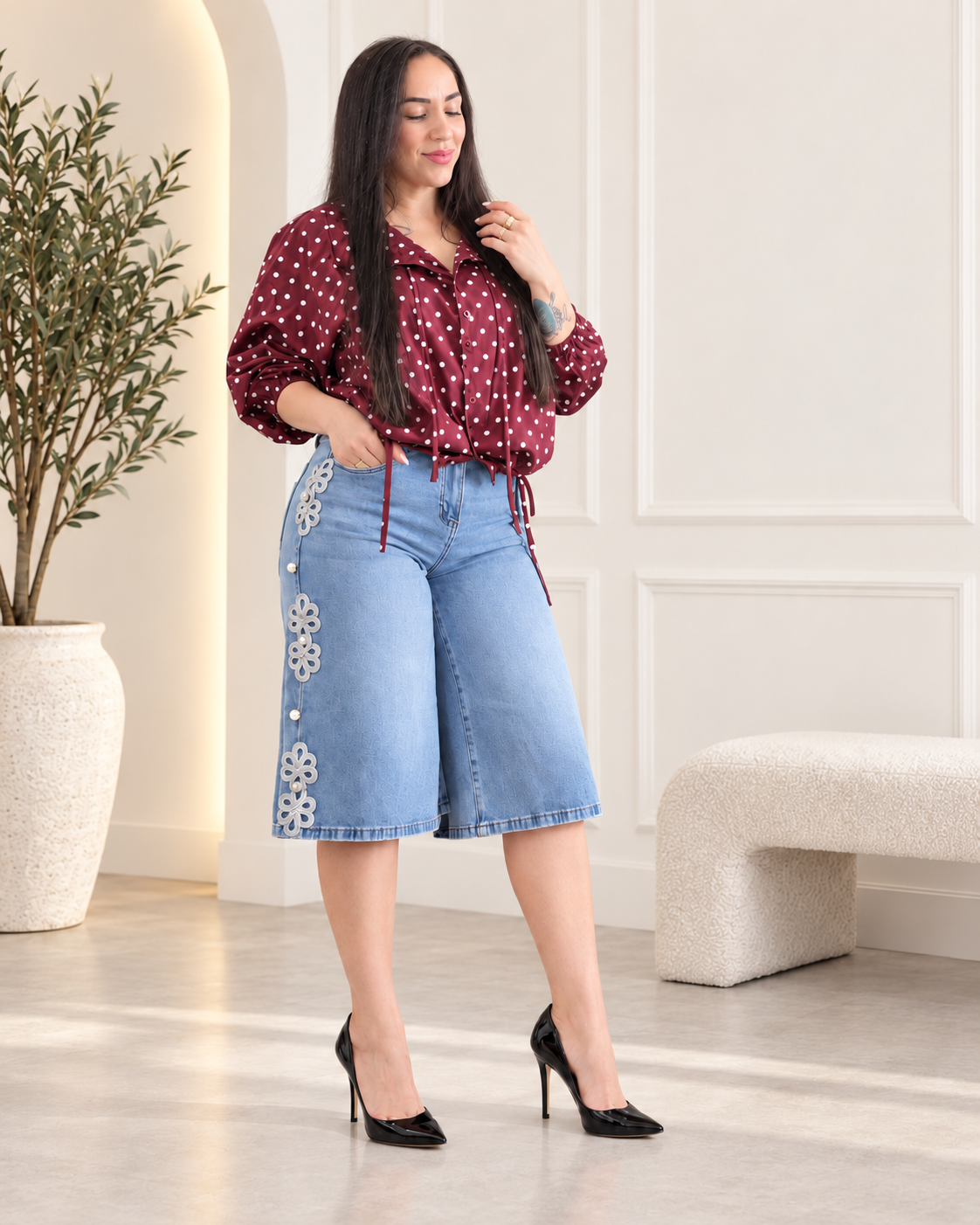 LUNEA LUXE floral detail denim culotte in light wash