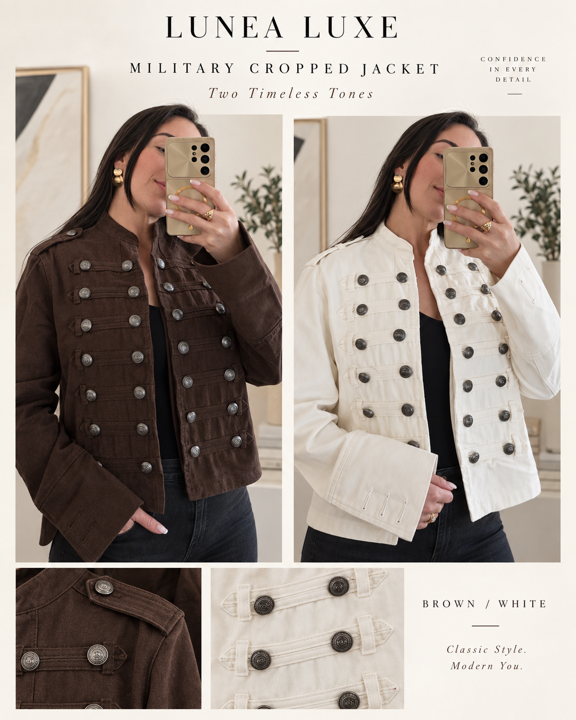 LUNEA LUXE military cropped jacket in brown and white