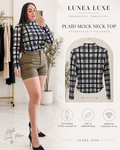 LUNEA LUXE black and white plaid mock neck long sleeve top