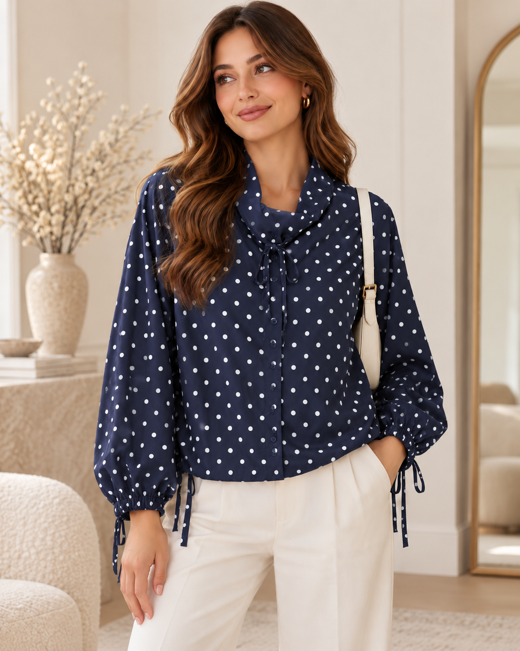 LUNEA LUXE polka dot tie-neck blouse in navy