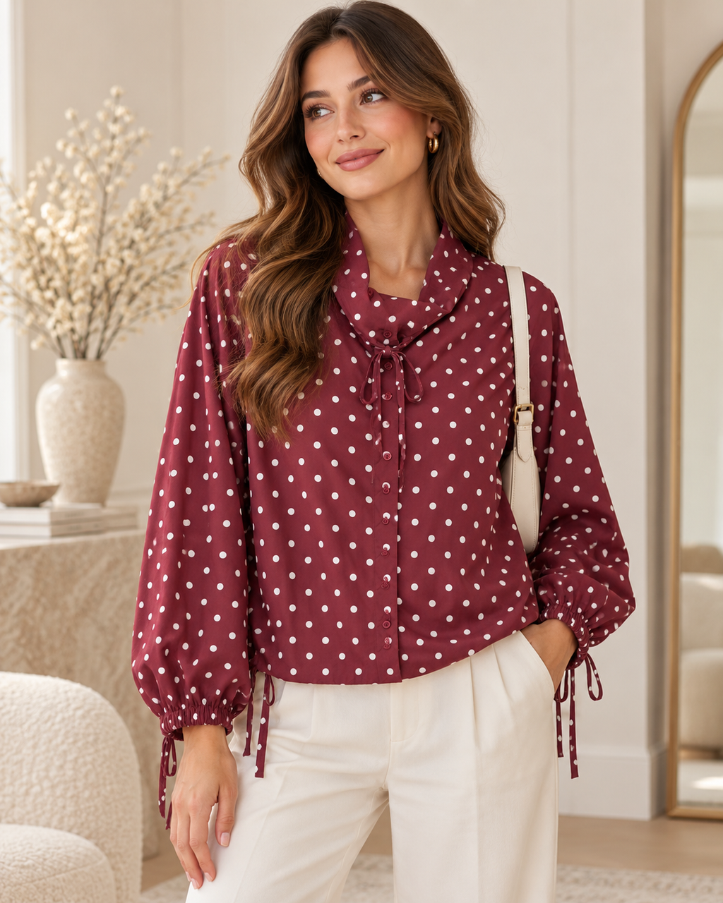 LUNEA LUXE polka dot tie-neck blouse in wine