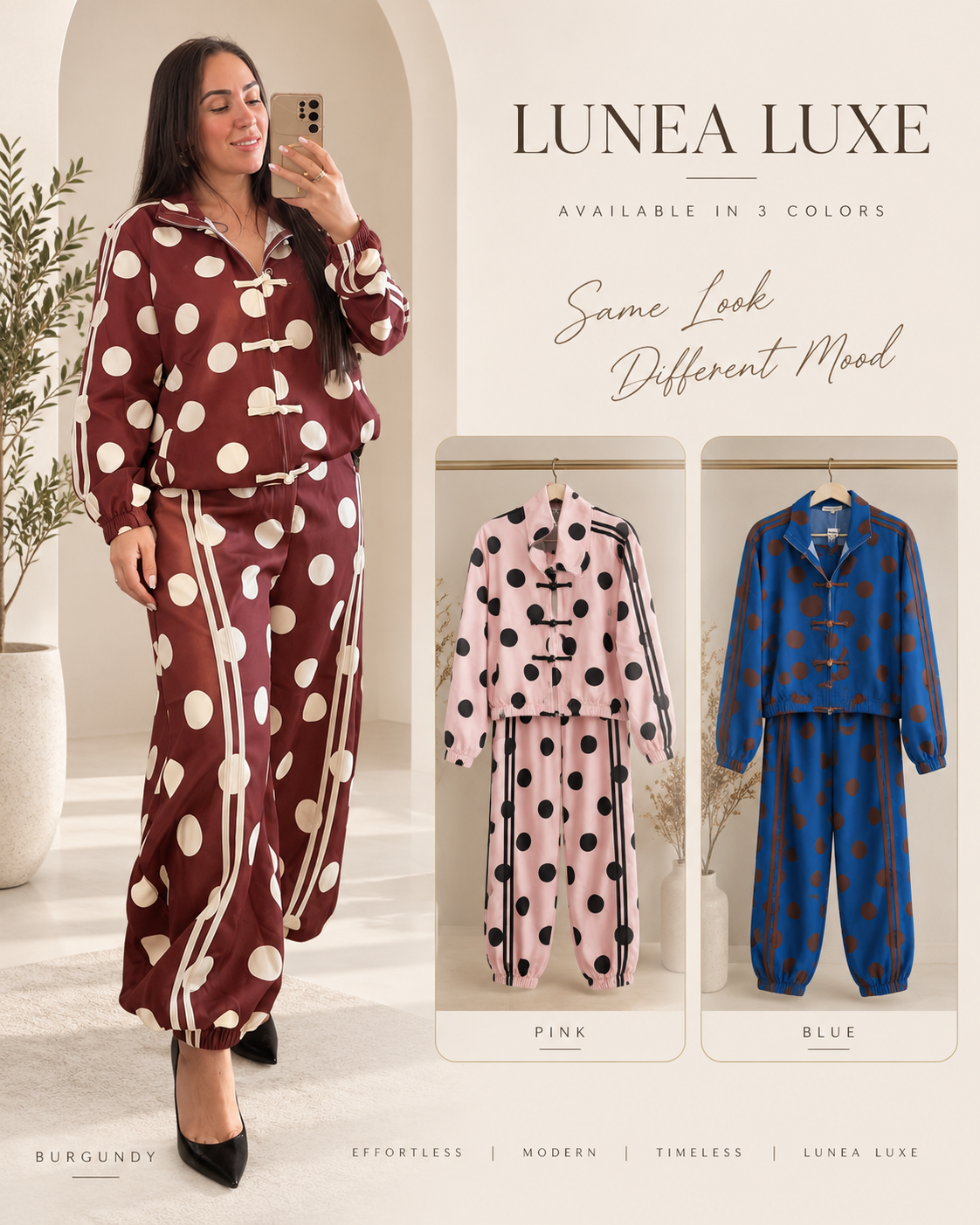 LUNEA LUXE polka dot two-piece set in brown, pink, and blue