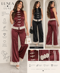 LUNEA LUXE satin two-piece set in wine and black with lace trim