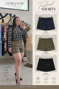 LUNEA LUXE tailored shorts in navy, olive, and black