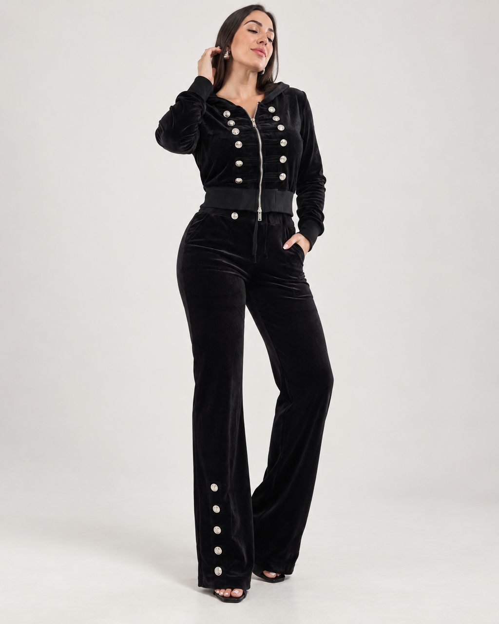 LUNEA LUXE black velvet button-detail two-piece set